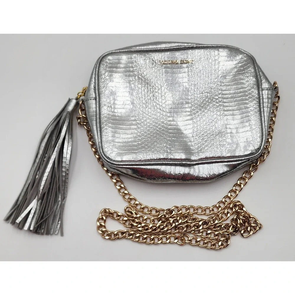 Victoria's Secret Crossbody Bag Womens Small Silver Excellent Snakeskin Tassel